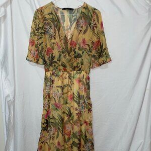 Zara Floral Yellow Chiffon Midi Dress